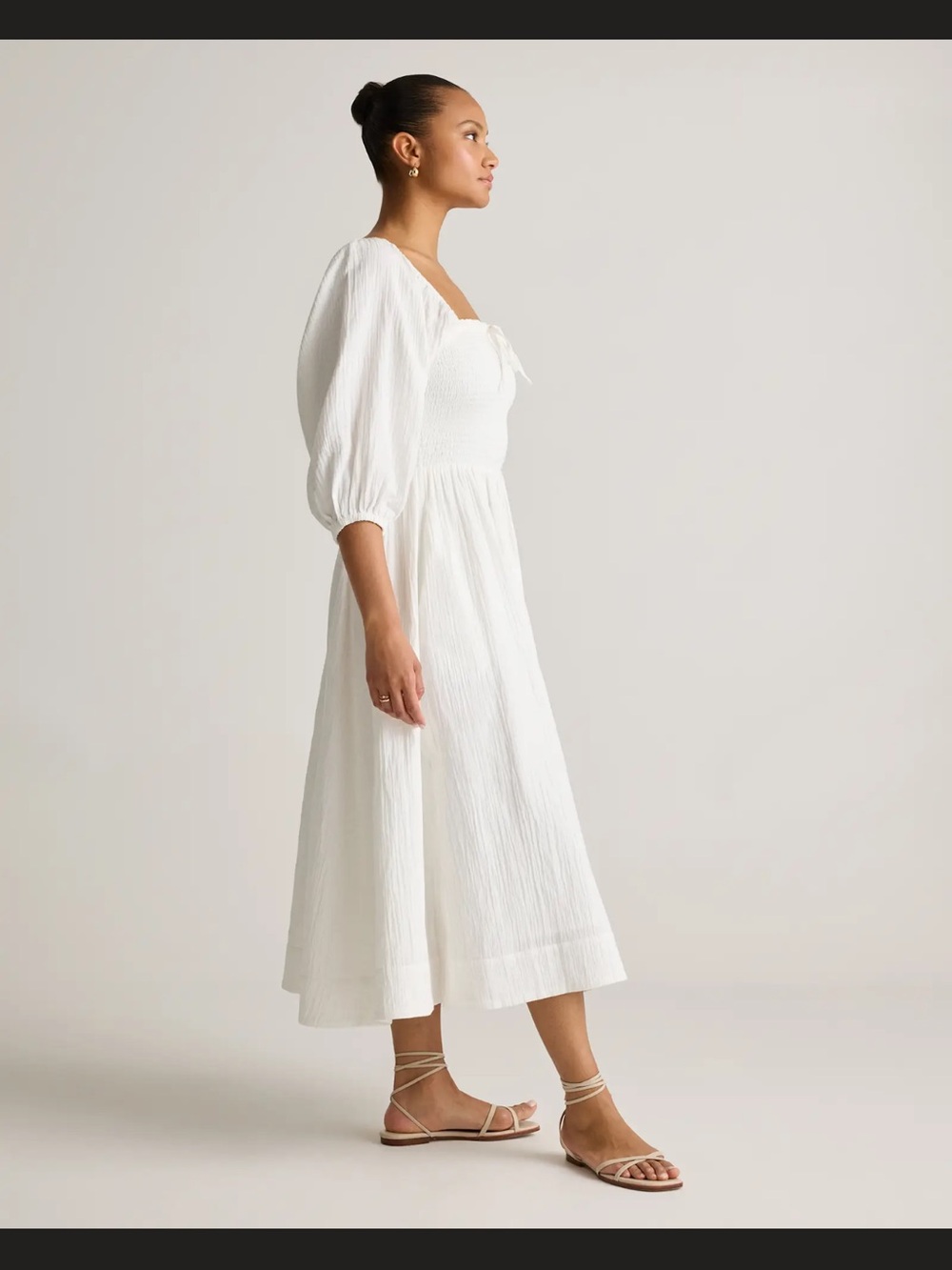 NWT Quince Organic Cotton White Smocked Maxi Dress with Puff Sleeves - Small